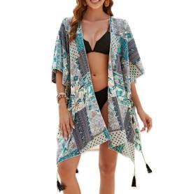 S-kini Damen Kimono Cardigan Sommer Strandkleid Lang Chiffon Strandponcho Pareo Boho Bikini (Q Blume Grün) von S-kini