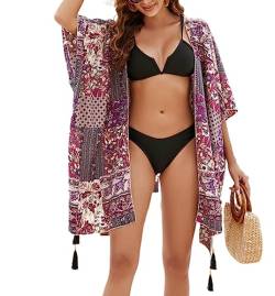 S-kini Damen Kimono Cardigan Sommer Strandkleid Lang Chiffon Strandponcho Pareo Boho Bikini (Q Blume Rot) von S-kini