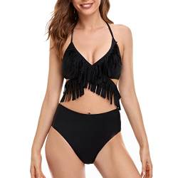 S-kini mädchen Bikini Set Mutter und Tochter Bademode Gepolstert Neckholder Zweiteilige Badeanzug Familie Strandkleidung (Schwarz-Fransen, XL) von S-kini