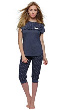 S& SENSIS edler Baumwoll-Pyjama Hausanzug aus wunderschönem Oberteil und toller Capri-Hose mit Bündchen, Gr. L (40), Marineblau von S& SENSIS