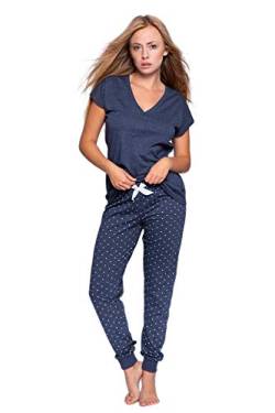 SENSIS stillvoller Baumwoll-Pyjama (Made in EU) Schlafanzug Hausanzug aus feinem T-Shirt und bequemer Hose, Gr. L (40), Dunkelblau/Weiß mit Punkten von S& SENSIS
