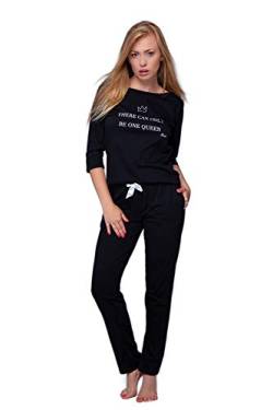 SENSIS stillvoller Baumwoll-Pyjama (Made in EU) Schlafanzug Hausanzug aus feinem T-Shirt und bequemer Hose (S (36), Schwarz mit Schriftzug) von S& SENSIS