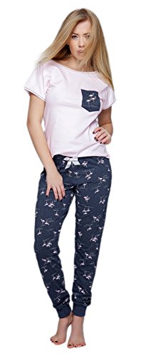 SENSIS stillvoller Baumwoll-Pyjama Schlafanzug Hausanzug aus feinem T-Schirt und bequemer Hose, Made in EU (L (40), rosa/dunkelblau mit Flamingos) von S& SENSIS