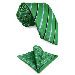 S&W SHLAX&WING Gestreifte Krawatte für Herren Kelly Green mit blauen Streifen Krawatte Geschenkset mit passendem Einstecktuch 147cm von S&W SHLAX&WING