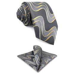 S&W SHLAX&WING Herren Krawatten Grau mit Gelb Golden Geometric Set mit passendem Einstecktuch 147cm von S&W SHLAX&WING