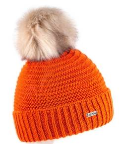 SABBOT Klassisch Damen Mütze mit Pelzbommel, Fleece-Futter, Wintermütze, Strickmuster, Warme Kappe mit Kragen (Orange) von SABBOT