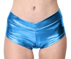 Glänzende niedrige Taille dehnbar Metallic Rave Mini Booty Shorts Tanzhose Hot Pants Frauen Mädchen, Türkis/Ausflug, einfarbig (Getaway Solids), Klein von SACASUSA
