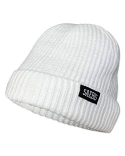 SAEBIS Ribbed Beanie Damen und Herren - Unisex Klassische Strickmütze - Classic warme Mütze für das ganze Jahr - Kopfbedeckung - (Alpinweiß) von SAEBIS