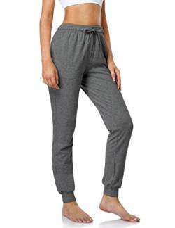 SAFORT 71cm Schrittlänge Damen Jogginghose aus 100% Baumwolle, Freizeit Sweathose, Trainingshose Gym mit 3 Taschen, High Waist Jogger Laufhosen, Dunkelgrau, L von SAFORT