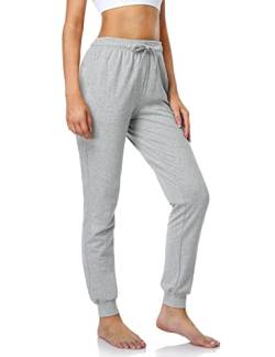 SAFORT 71cm Schrittlänge Damen Jogginghose aus 100% Baumwolle, Freizeit Sweathose, Trainingshose Gym mit 3 Taschen, High Waist Jogger Laufhosen, Hellgrau, L von SAFORT