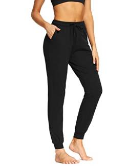 SAFORT 79cm Schrittlänge Damen Jogginghose aus 100% Baumwolle, Freizeit Sweathose, Trainingshose Gym mit 3 Taschen, High Waist Jogger Laufhosen, Schwarz, S von SAFORT