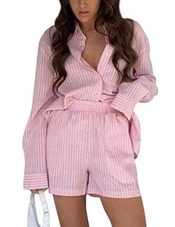 SAFRISIOR Damen 2 Stück Casual Trainingsanzug Outfit Sets Streifen Langarm Hemd und Lose Hohe Taille Mini Shorts Set, Pink-b, L von SAFRISIOR