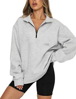 SAFRISIOR Damen Oversized Half Zip Sweatshirt Drop Shoulder Long Sleeves Collar Quarter 1/4 Zipper Pullover, GRAU, S von SAFRISIOR