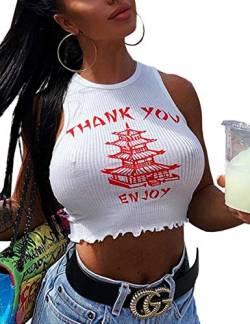 SAFRISIOR Damen Sexy Thank You Enjoy Printed Tower Graphic Skinny Slim Streetwear Sleeveless Crop Tank Top - Weiß - Groß von SAFRISIOR