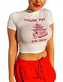 SAFRISIOR Damen Sexy Thank You Enjoy Printed Tower Graphic Skinny Slim Streetwear Sleeveless Crop Tank Top - Weiß - Groß von SAFRISIOR