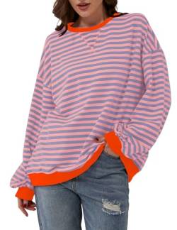 SAFRISIOR Y2K Shirt 2024 Damen Oversize-Sweatshirt, gestreift, Rundhalsausschnitt, lange Ärmel, Pullover, Pinkblau, X-Groß von SAFRISIOR