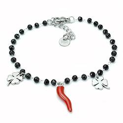 SAGA GIOIELLI Armband für Damen, Horn, Rot, Glücksbringer, Kleeblatt, Kristalle, Stahl, Kristall Legierter Stahl von SAGA GIOIELLI