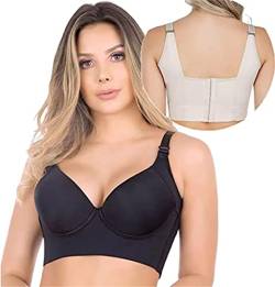 SAINR Tiefer Körbchen-BH verstecken Rückenfett mit Shapewear, volle Rückenabdeckung BHs Übergröße BH mit Shapewear Push Up BH für Frauen, Schwarz , 105F-G von SAINR