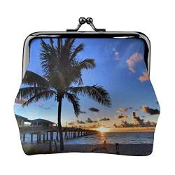 Sunrise Seaside Palm Tree Portable Leather Kiss Lock Coin Purse for Women and Girls for shopping, travel, weddings, Mother's Day gifts, Black, One Size, Black, One Size, Schwarz , Einheitsgröße von SAINV