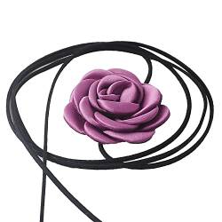 SAKEIOU Goth Black Velvets Big Rose Anhänger Halskette für Frauen, elegante Webart, geknotete Schleife, verstellbare Kette, Schmuck, Halskette, Lila von SAKEIOU