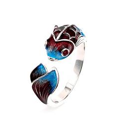 Blauer Lila Koi Fisch Ring Frauen Vintage Schmuck 925 Sterling Silber Umarmungsringe Für Frauen Kristallgrüner Blattring Weibliche Eheringe von SALAN