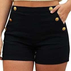 SALUC1A Hotpants Damen Boyfriend Shorts High Waist Strandhose mit Taschen und Knöpfe Deko Schwarz Slim Fit Sommer Kurze Hose für Frauen - Große Größen von SALUCIA-Hosen