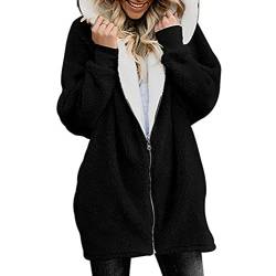 SALUC1A Damen Plüschjacke Warm Jacke Fleecejacke Winterjacke Herbst Winter Flauschige Kapuzenjacke Frauen Lose Reissverschluss Teddy Fleece Übergansjacke Outwear mit Kapuze und Taschen von SALUCIA