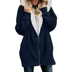 SALUC1A Damen Plüschjacke Warm Jacke Fleecejacke Winterjacke Herbst Winter Flauschige Kapuzenjacke Frauen Lose Reissverschluss Teddy Fleece Übergansjacke Outwear mit Kapuze und Taschen von SALUCIA