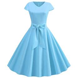 SALUCIA Damen 1950er Vintage Retro Rockabilly Kleider Elegant V Ausschnitt Kurzarm Schwingen Cocktailkleid Partykleid Abendkleider mit Schleife Gürtel von SALUCIA