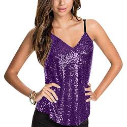 SALUCIA Damen Pailletten Shirt Top Sexy Party Ärmellos Oberteile V Ausschnitt Glitzer T-Shirt Bluse Camisole Clubwear (Lila, XL) von SALUCIA