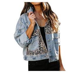 SALUCIA Damen Winter Leopard Patchwork Jeansjacke Langarm Schlank Warm Wintermantel Winterjacke Gefüttert Denim Jacke Mantel Outwear Coat Top Oberteile Sweatshirt Mit Taschen von SALUCIA