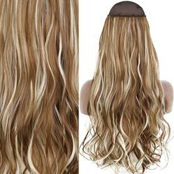 Natürliche schwarze gerade synthetische unsichtbare Draht Haarverlängerungen Blonde Einteiler gefälschte Haarteil Haarverlängerung-J-6h613,22inches von SAMCRY