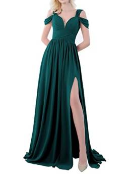 Brautjungfernkleider für Hochzeit, lang, schulterfrei, Chiffon, plissiert, Partykleid, formelles Kleid mit Schlitz, blaugrün, 46 von SAMHO