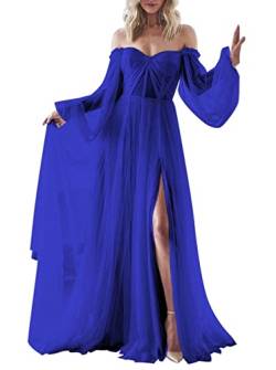 Damen Puffy Langarm Ballkleid Tüll Hochzeitskleid für Braut Formal Abendkleider mit Schlitz, Royal Blue, 48 von SAMHO