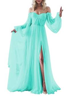 Damen Puffy Langarm Ballkleid Tüll Hochzeitskleid für Braut Formal Abendkleider mit Schlitz, Turquoise, 40 von SAMHO