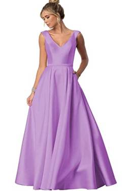 Damen V-Ausschnitt Abendkleid Abschlussball Lang Satin Mutter der Braut Kleid mit Taschen, Wisteria, 44 von SAMHO