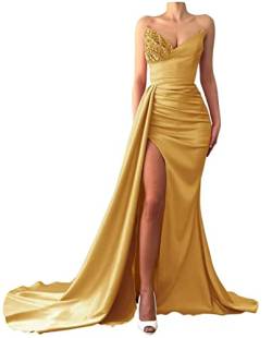 Meerjungfrauen-Abschlussballkleider mit Pailletten, lang, Satin, Schlitz, formelles Abendkleid, gold, 34 von SAMHO