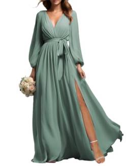 Prom Langarm Brautjungfer Kleider mit Schlitz für Frauen Chiffon V-Ausschnitt Formale Abendkleid, Eukalyptus, 34 von SAMHO