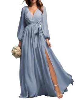 Prom Langarm Brautjungfer Kleider mit Schlitz für Frauen Chiffon V-Ausschnitt Formale Abendkleid, dusty blue, 42 von SAMHO