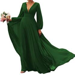 SAMHO Damen Lange Ärmel Brautjungfer Kleider V-Ausschnitt Chiffon A Linie Formale Kleid Abendkleider mit Zug, smaragdgrün, 56 von SAMHO