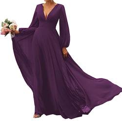 SAMHO Damen Lange Ärmel Brautjungfer Kleider V-Ausschnitt Chiffon A Linie Formale Kleid Abendkleider mit Zug, violett, 50 von SAMHO