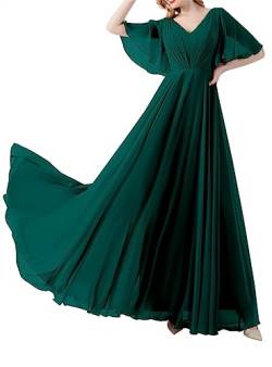 SAMHO Damen V-Ausschnitt Brautjungfernkleider mit Ärmeln geraffte Chiffon langes formelles Abendkleid, blaugrün, 52 von SAMHO
