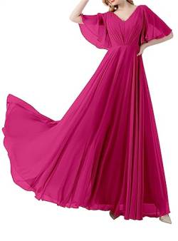 SAMHO Damen V-Ausschnitt Brautjungfernkleider mit Ärmeln geraffte Chiffon langes formelles Abendkleid, fuchsia, 52 von SAMHO