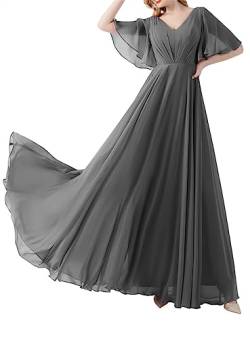 SAMHO Damen V-Ausschnitt Brautjungfernkleider mit Ärmeln geraffte Chiffon langes formelles Abendkleid, grau, 54 von SAMHO