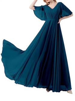SAMHO Damen V-Ausschnitt Brautjungfernkleider mit Ärmeln geraffte Chiffon langes formelles Abendkleid, pfau, 54 von SAMHO