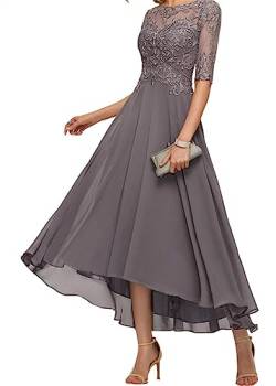 SAMHO Damenkleid mit Spitzenapplikation, Chiffon, Tee-Länge, Brautmutterkleider für die Hochzeit, grau, 42 von SAMHO