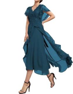 SAMHO Frauen Rüschen Ärmel Tee Länge Mutter der Braut Kleider Perlen Spitze Chiffon Formale Abendkleid, pfau, 40 von SAMHO