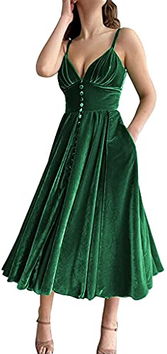 Samt Brautjungfernkleider für Damen V-Ausschnitt Spaghetti Off Shoulder Homecoming Gown mit Taschen, grün, 40 von SAMHO