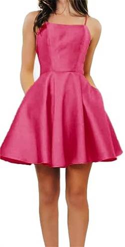 Spaghetti-Träger Homecoming Kleider Kurz Satin Rückenfrei Prom Formale Abend Party Kleid mit Taschen, hot pink, 32 von SAMHO