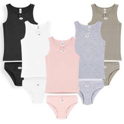 SAMILY Unterhemden Unterhosen Mädchen Set 10er Pack Baumwolle Unterwäsche Tanktop Boxershorts Slips Spaghettiträger (schwarz weiss rosa grau khaki 2, 122-128) von SAMILY